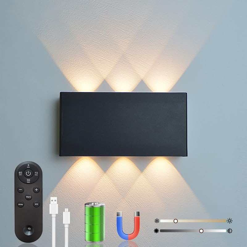 Shelprojsu LED Cordless Wall Sconce Set of 2, 5200mAh Rechargeable Battery Operated Wall Lamp with Remote Control, 3 Colors and Dimmable Magnetic Wireless Wall Light (Black, 2 PCS)