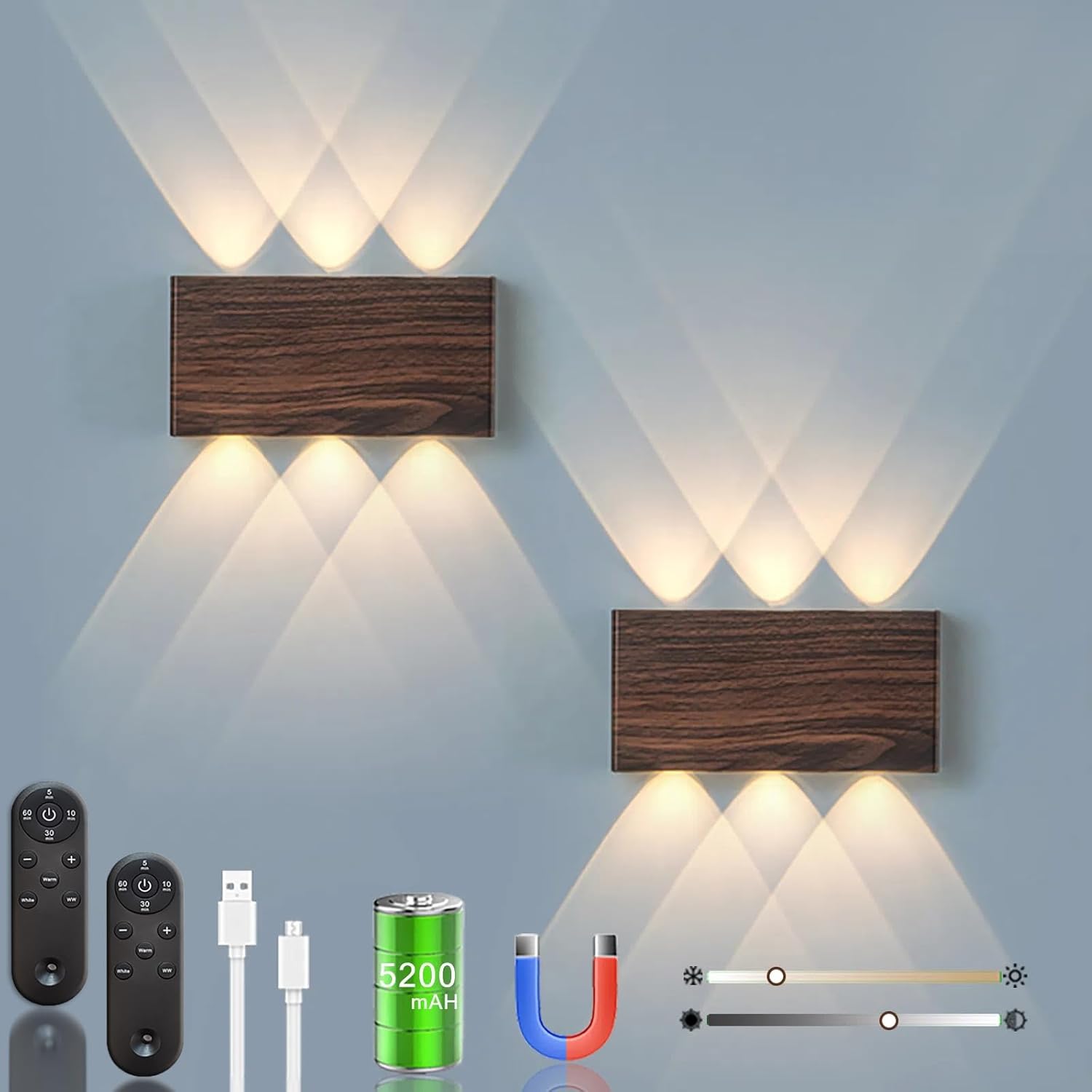 Shelprojsu LED Cordless Wall Sconce Set of 2, 5200mAh Rechargeable Battery Operated Wall Lamp with Remote Control, 3 Colors and Dimmable Magnetic Wireless Wall Light (Black, 2 PCS)