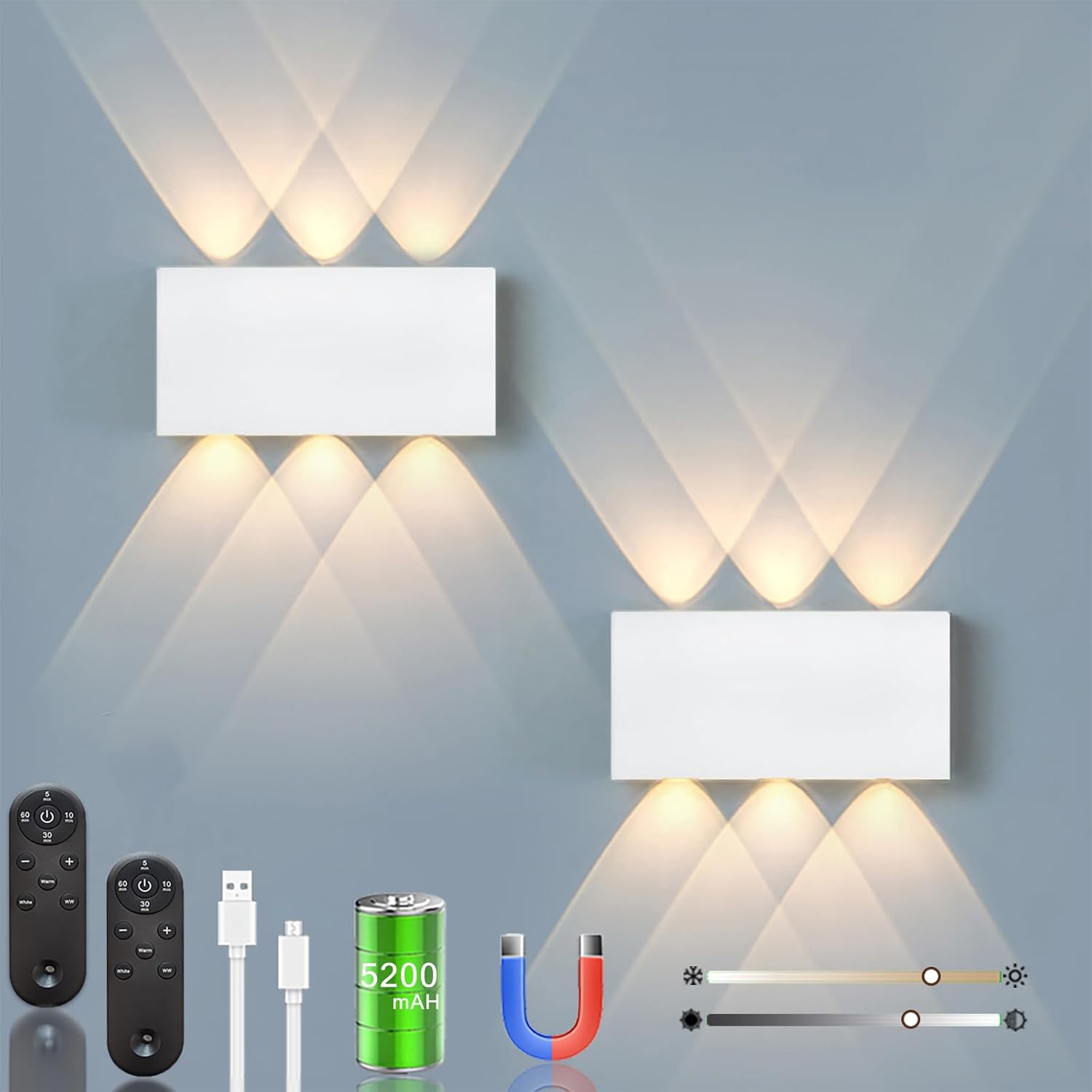 Shelprojsu LED Cordless Wall Sconce Set of 2, 5200mAh Rechargeable Battery Operated Wall Lamp with Remote Control, 3 Colors and Dimmable Magnetic Wireless Wall Light (Black, 2 PCS)