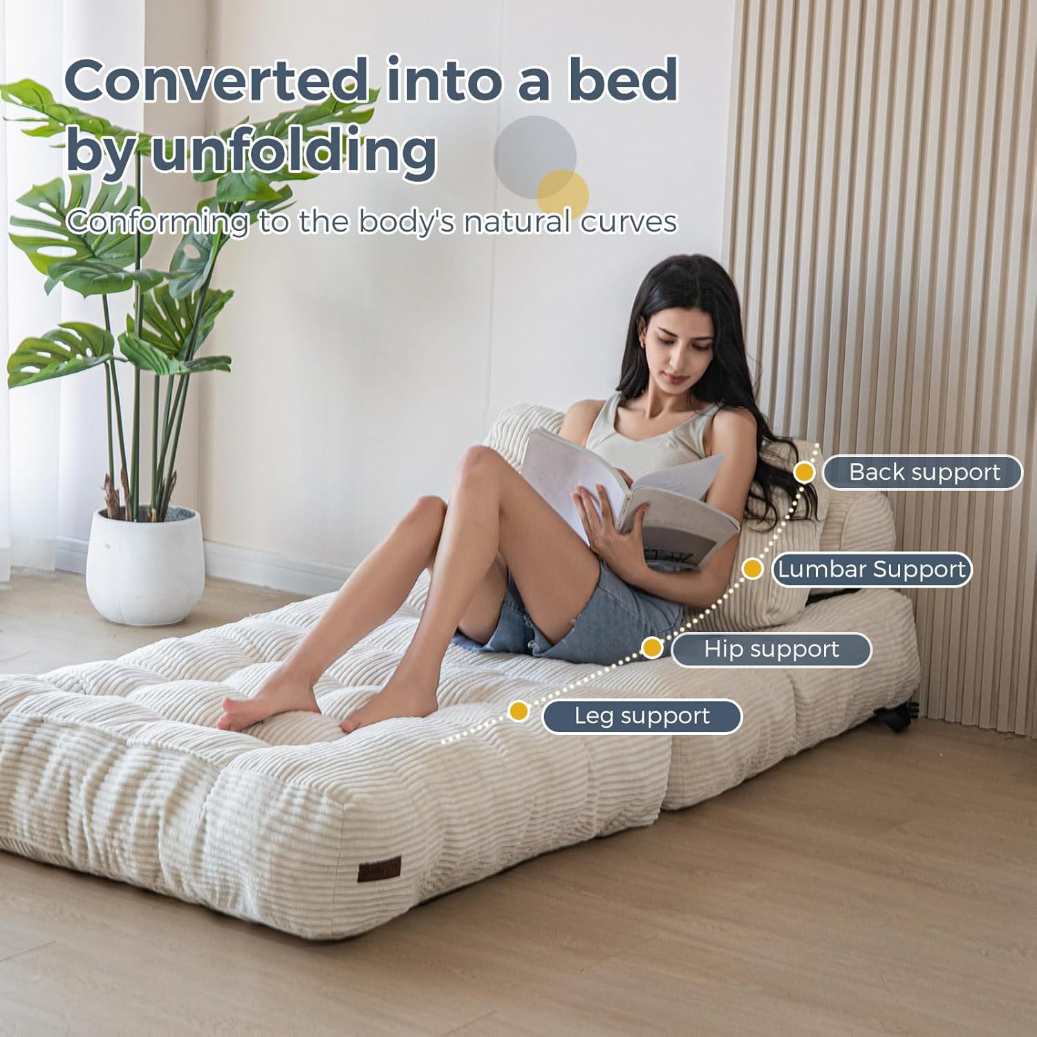 MAXYOYO מיטת ספה מתקפלת, כיסא שינה ניתן להמרה עם כרית מזרן מתקפל עם תמיכה בגב, מיטת כיסא מתקפלת ניידת נוחה ספה טרקלין לסלון חדר שינה, בז', יחיד