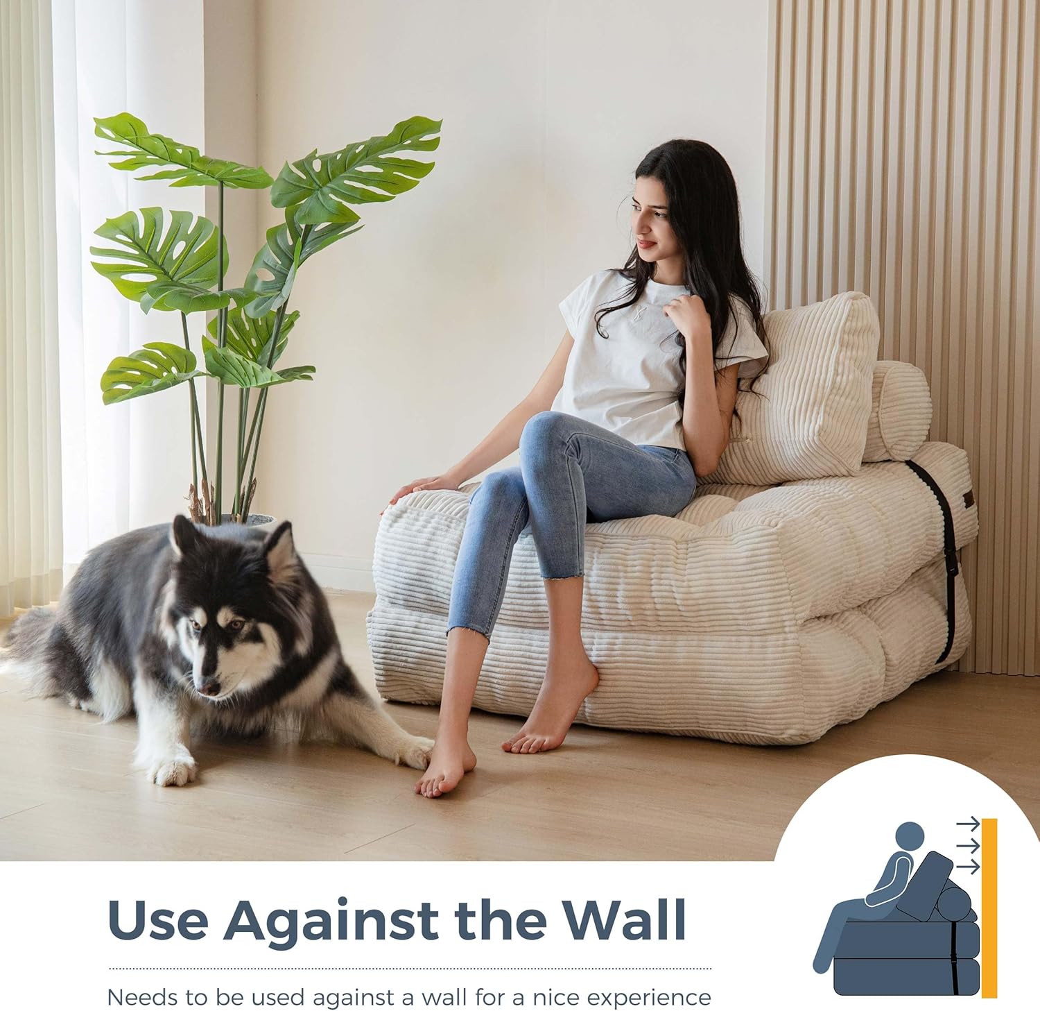 MAXYOYO מיטת ספה מתקפלת, כיסא שינה ניתן להמרה עם כרית מזרן מתקפל עם תמיכה בגב, מיטת כיסא מתקפלת ניידת נוחה ספה טרקלין לסלון חדר שינה, בז', יחיד