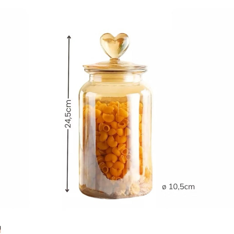 Kit com 3 pote +1 Cesta Pote Vidro Âmbar Hermético Decor Afeto Coração