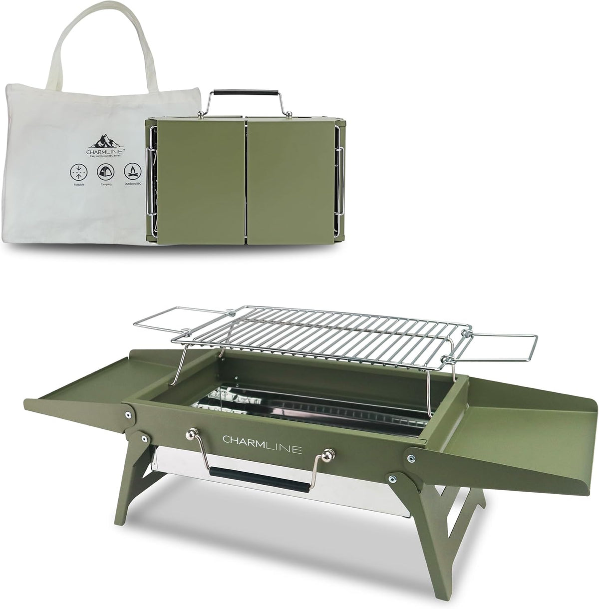 Charmline Churrasqueira a carvão portátil dobrável pequena de 35,56 x 23 cm, grade compacta portátil para uso ao ar livre, churrasqueiras a carvão para acampamento, piqueniques, jardins e festas na