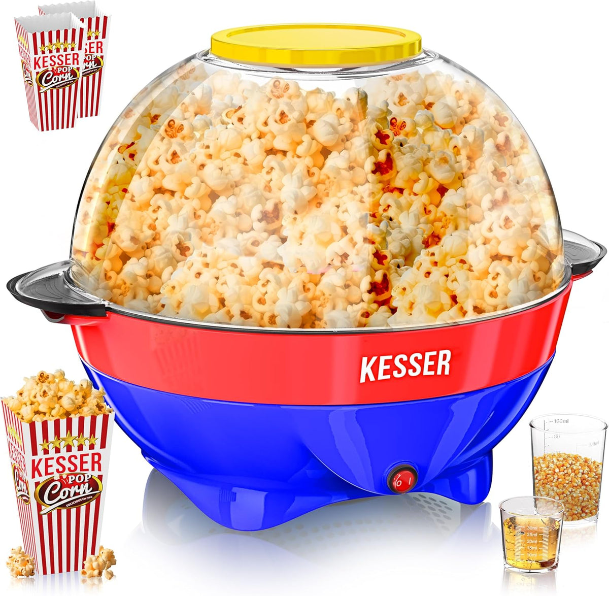 KESSER® Popcorn Machine Large 800 W Popcorn Maker 5.5 L Capacity with Non-Stick Coating Lid and Serving Bowl for Oil Butter Sugar Silent & Quick Includes Measuring and Popcorn Cup Removable Heating