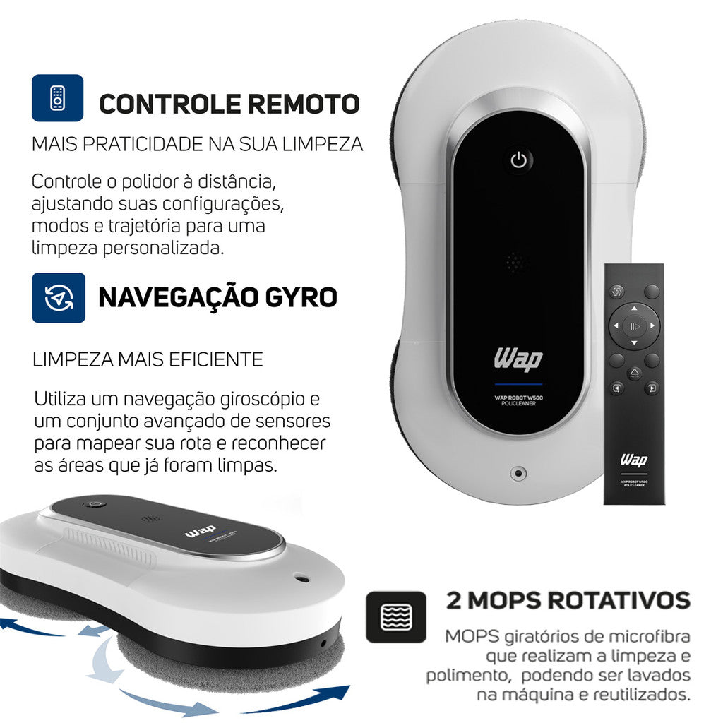 Robô de Limpeza Polidor Vidros Com Controle Remoto 72W Sensores Antiqueda W500 POLICLEANER WAP