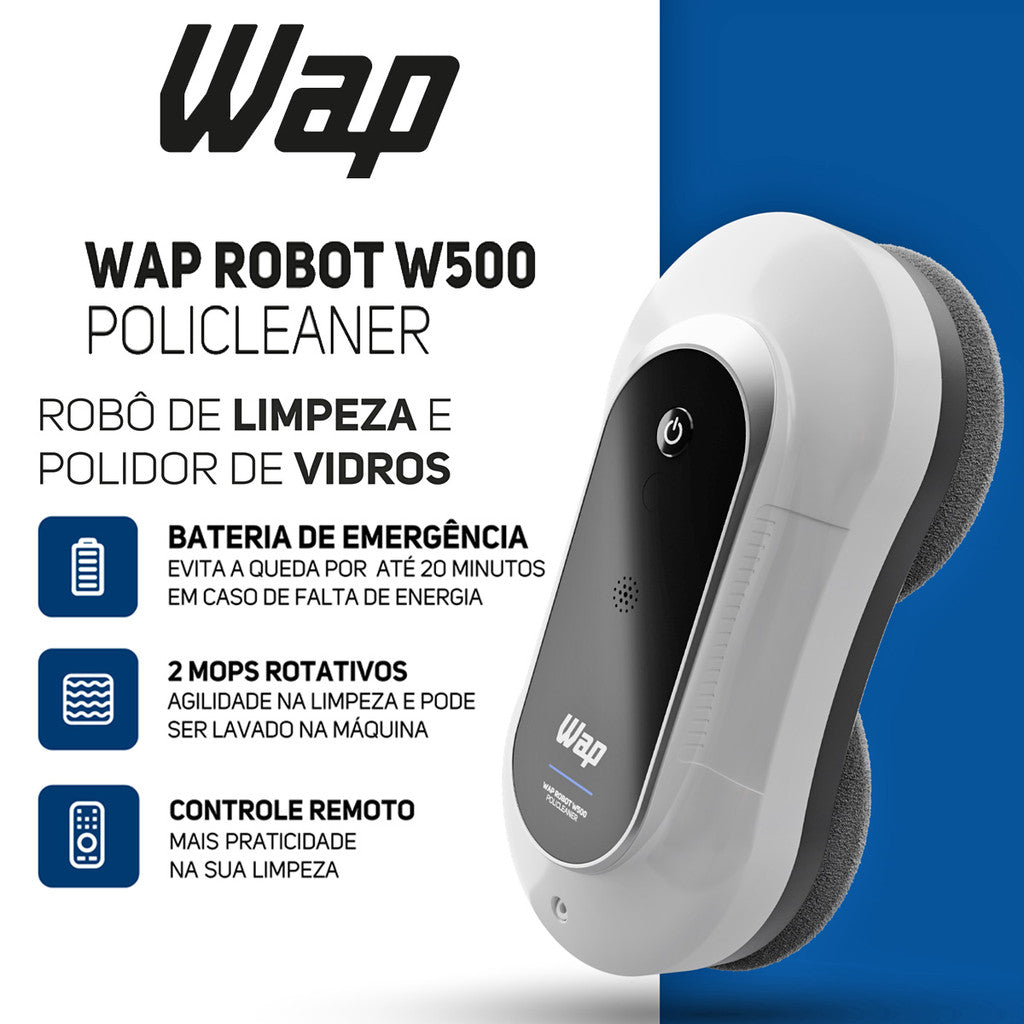 Robô de Limpeza Polidor Vidros Com Controle Remoto 72W Sensores Antiqueda W500 POLICLEANER WAP